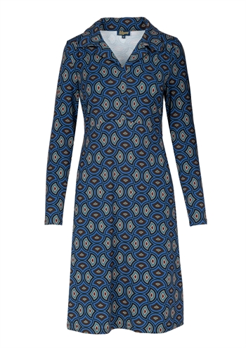 Blå kjole med retro print, krave og lange ærmer fra Lalamour